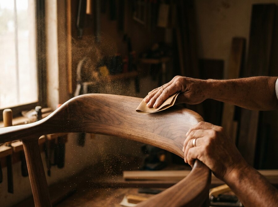 Maestro artesano lijando a mano el brazo de una silla de madera
