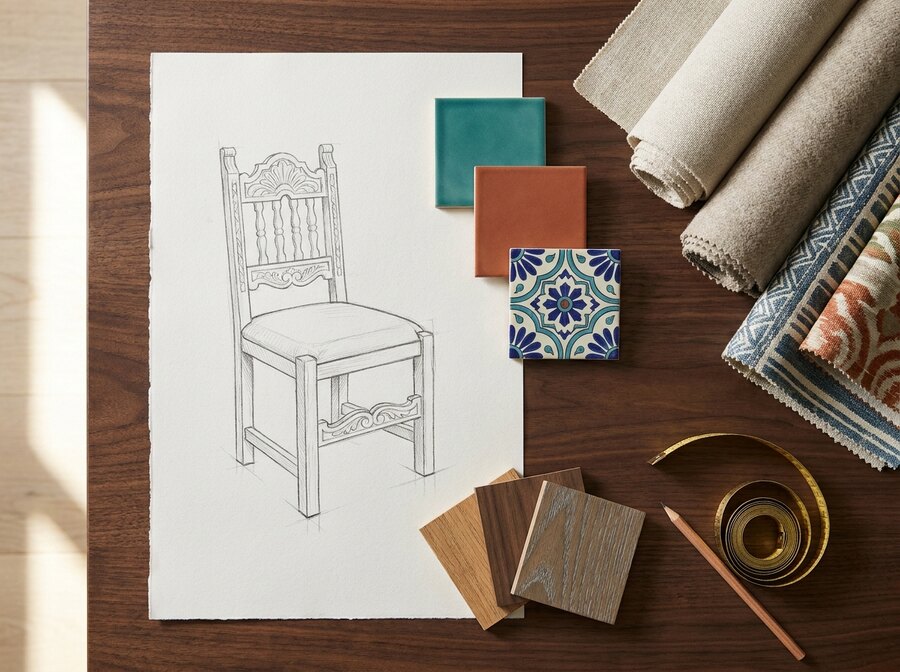 Boceto de silla tallada junto a muestras de talavera y tapiz