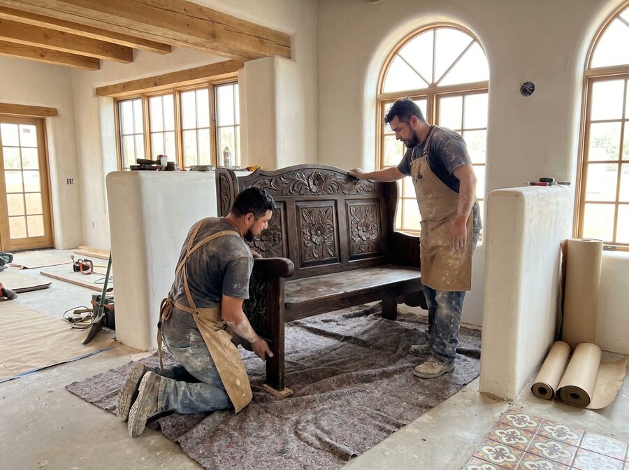 Instalación de mobiliario artesanal en el restaurante del cliente